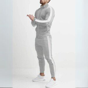 Men's Light Gray & White Side Stripe Zip Up Top & Pants Athletic Outfit